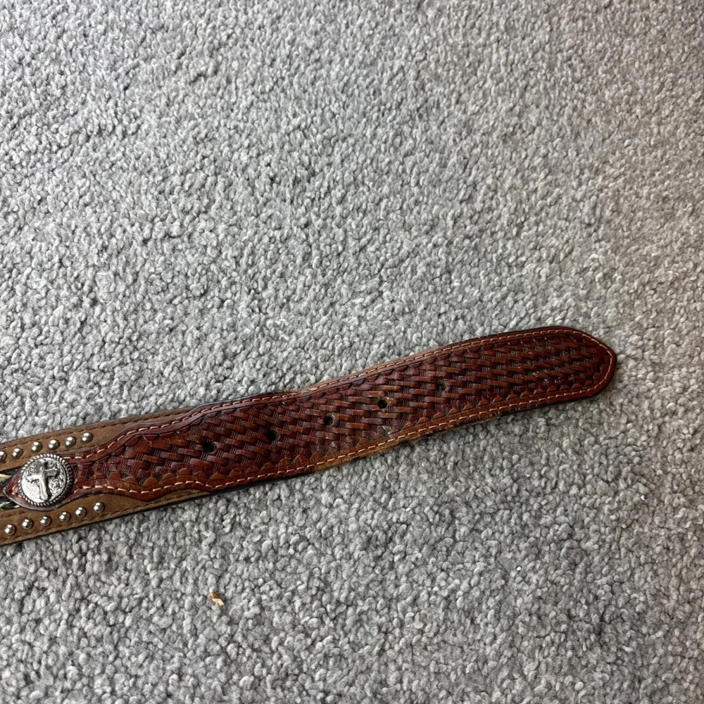 vtg Western Leather‎ Belt braided horsehair inlay cross Brown Conchos Studded 38